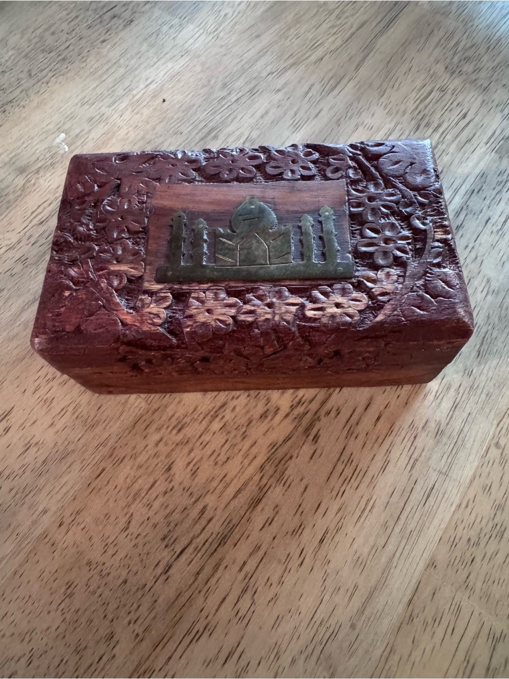Hand-Carved Wood Decorative Box in Deep Brown with metal Taj Mahal inlay